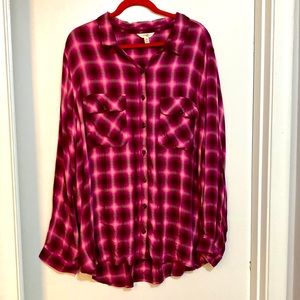 Ladies pink and purple button down plaid shirt